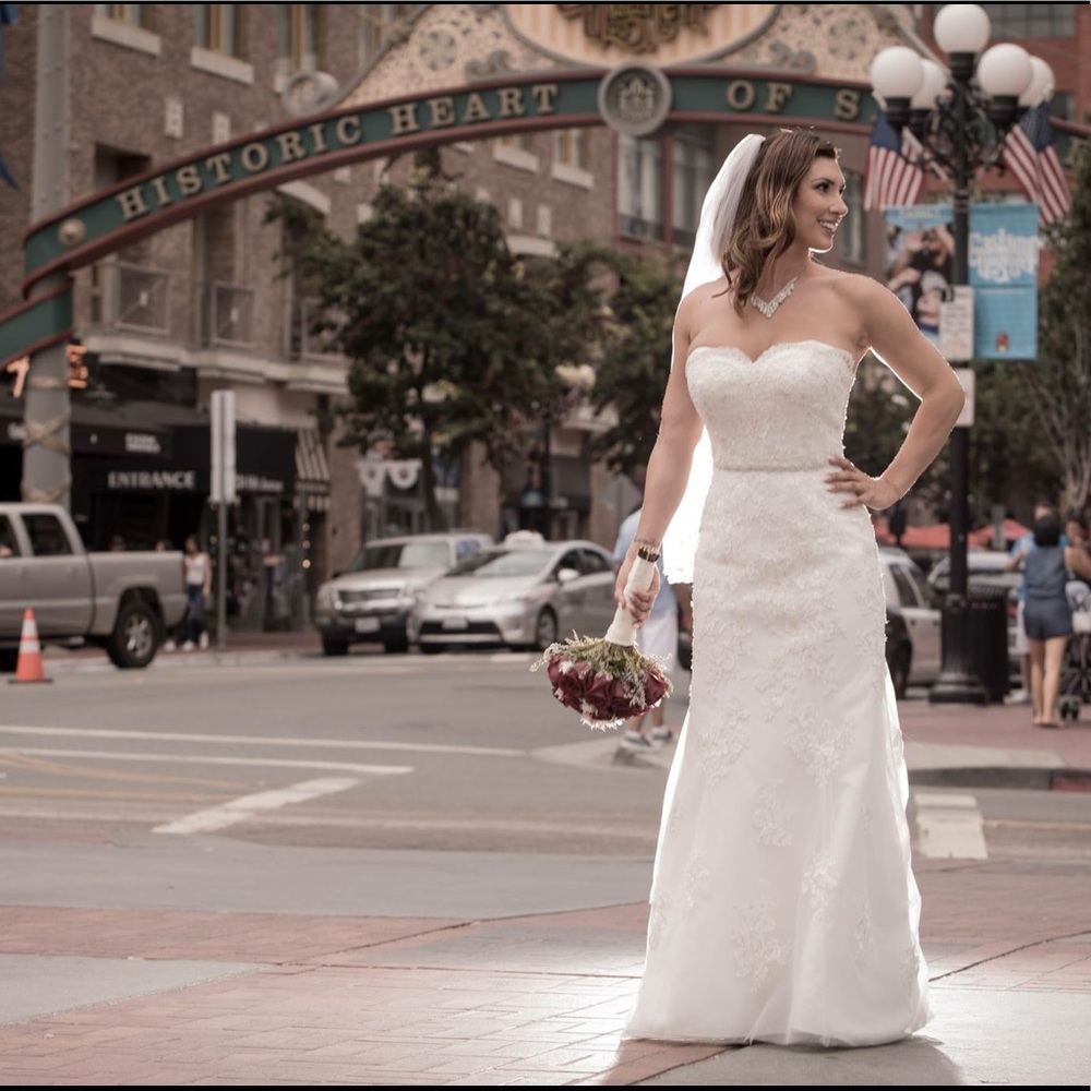Wedding dress, veil, and belt